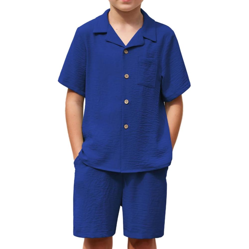 image:imageArshiner Boys 2 Pieces Summer Beach Outfits Short Sleeve Button Down Shirts and Shorts Vacation Texture Sets for KidsRoyal Blue