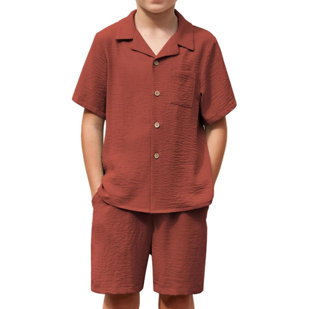 image:imageArshiner Boys 2 Pieces Summer Beach Outfits Short Sleeve Button Down Shirts and Shorts Vacation Texture Sets for KidsRust