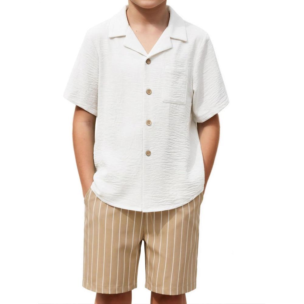 image:imageArshiner Boys 2 Pieces Summer Beach Outfits Short Sleeve Button Down Shirts and Shorts Vacation Texture Sets for KidsWhite and Beige