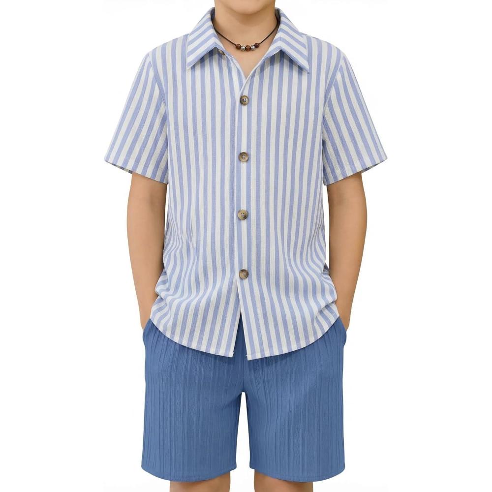 image:imageArshiner Boys Summer Beach Outfits Textured Button Down Shirt and Short Sets Casual Vacation Clothes for 512 YearsBlue Stripe Navy