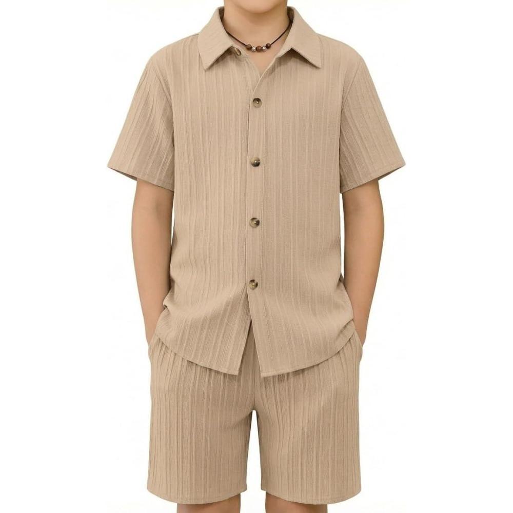 image:imageArshiner Boys Summer Beach Outfits Textured Button Down Shirt and Short Sets Casual Vacation Clothes for 512 YearsKhaki