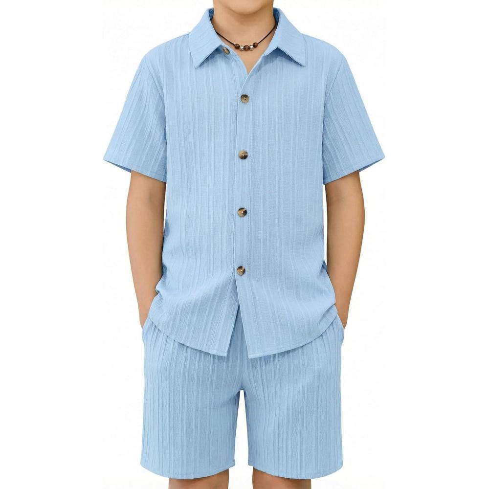 image:imageArshiner Boys Summer Beach Outfits Textured Button Down Shirt and Short Sets Casual Vacation Clothes for 512 YearsLight Blue