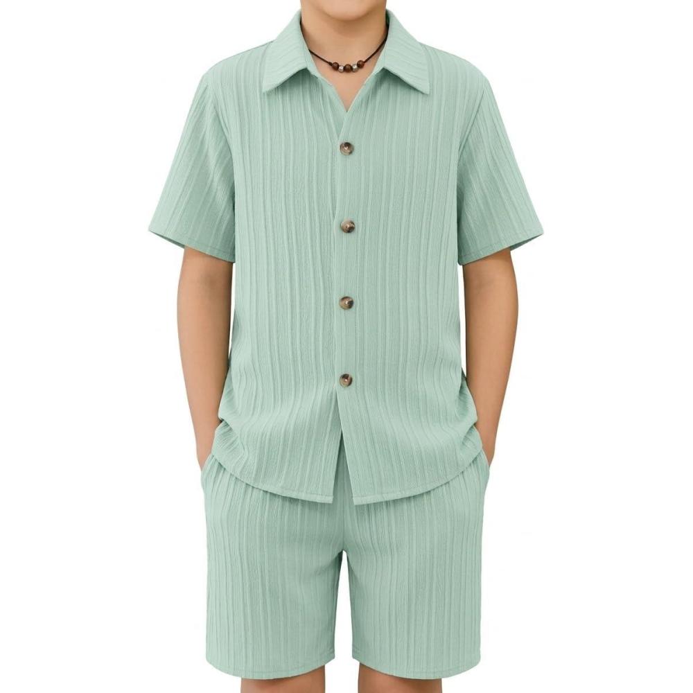 image:imageArshiner Boys Summer Beach Outfits Textured Button Down Shirt and Short Sets Casual Vacation Clothes for 512 YearsLight Green