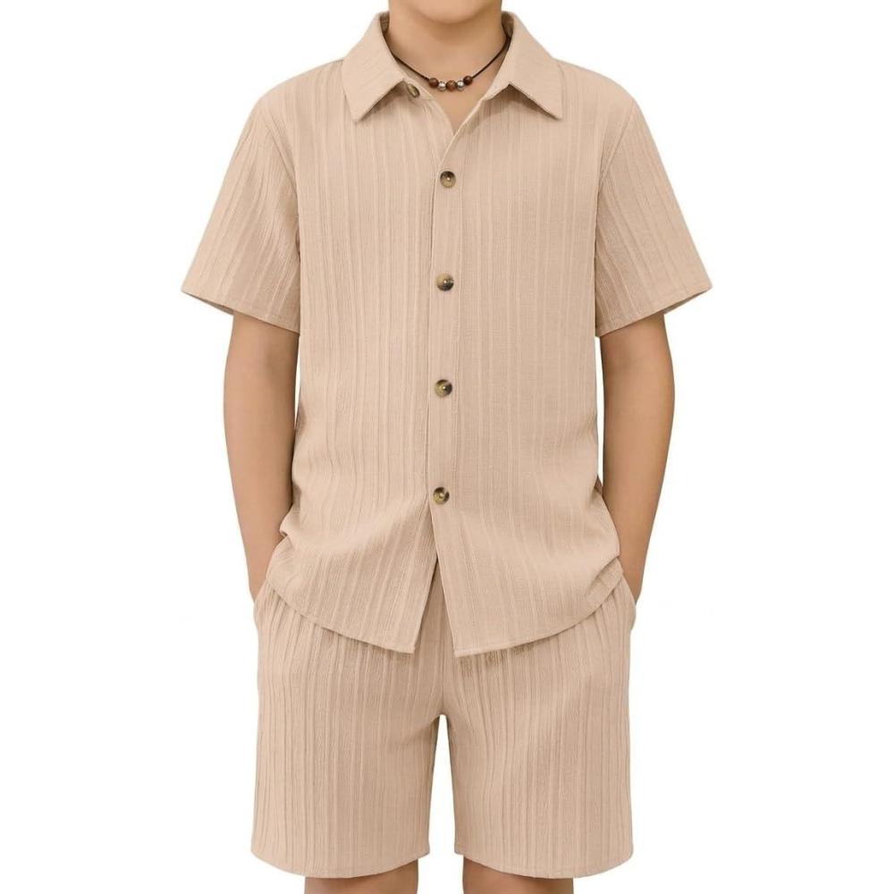 image:imageArshiner Boys Summer Beach Outfits Textured Button Down Shirt and Short Sets Casual Vacation Clothes for 512 YearsLight Khaki