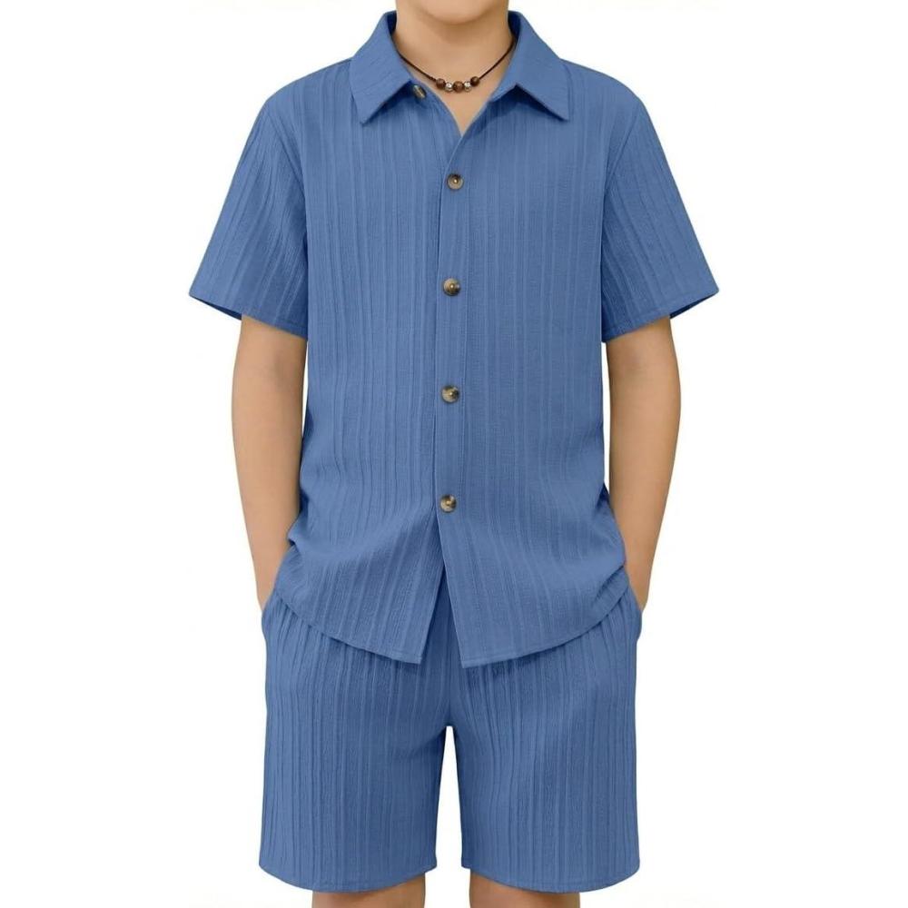 image:imageArshiner Boys Summer Beach Outfits Textured Button Down Shirt and Short Sets Casual Vacation Clothes for 512 YearsNavy