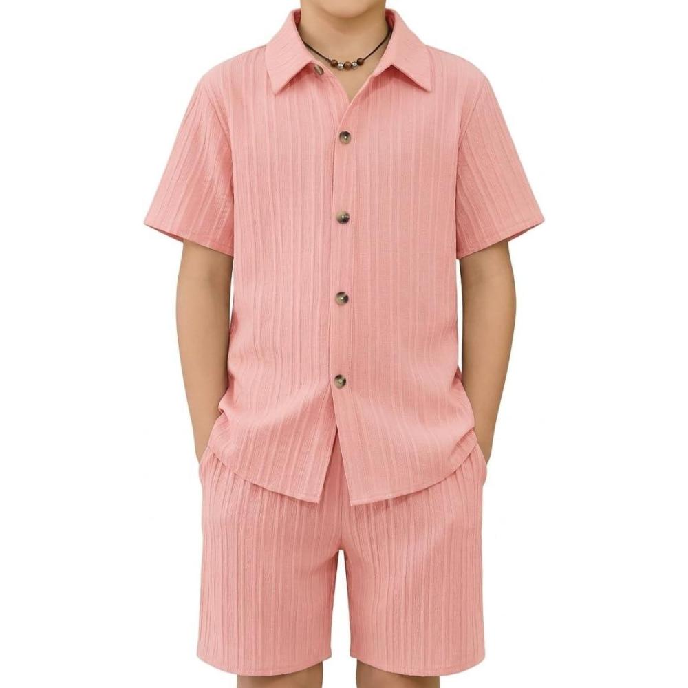 image:imageArshiner Boys Summer Beach Outfits Textured Button Down Shirt and Short Sets Casual Vacation Clothes for 512 YearsPink