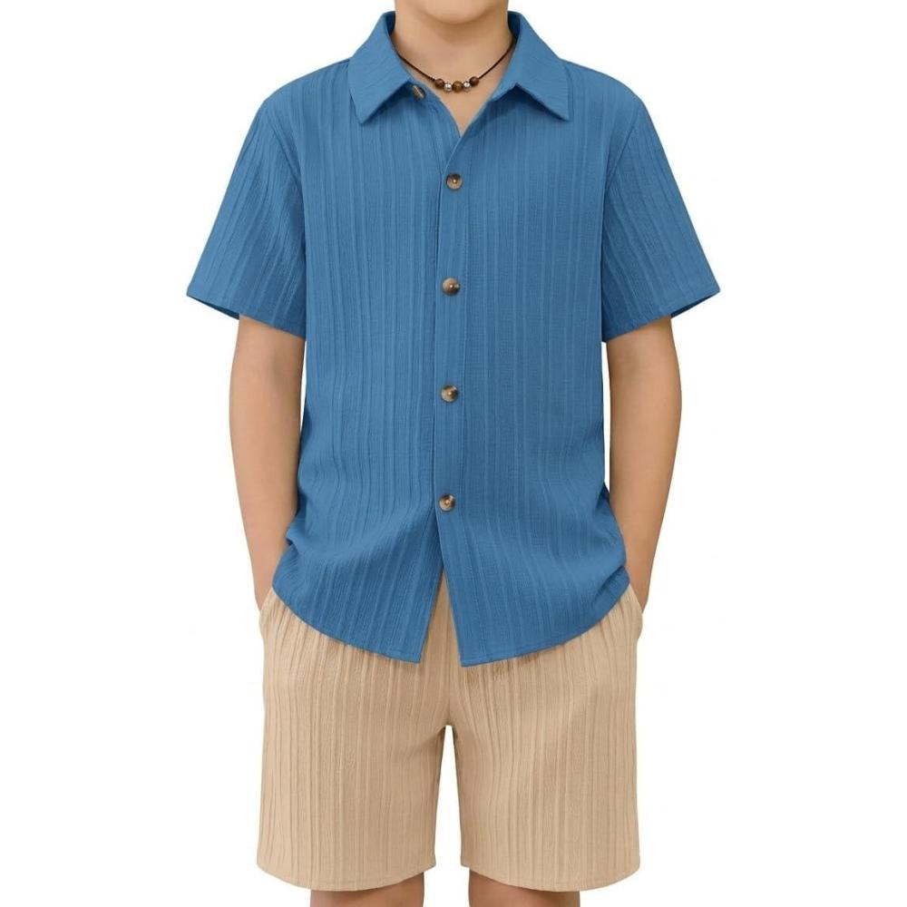 image:imageArshiner Boys Summer Beach Outfits Textured Button Down Shirt and Short Sets Casual Vacation Clothes for 512 YearsRoyal Blue Khaki