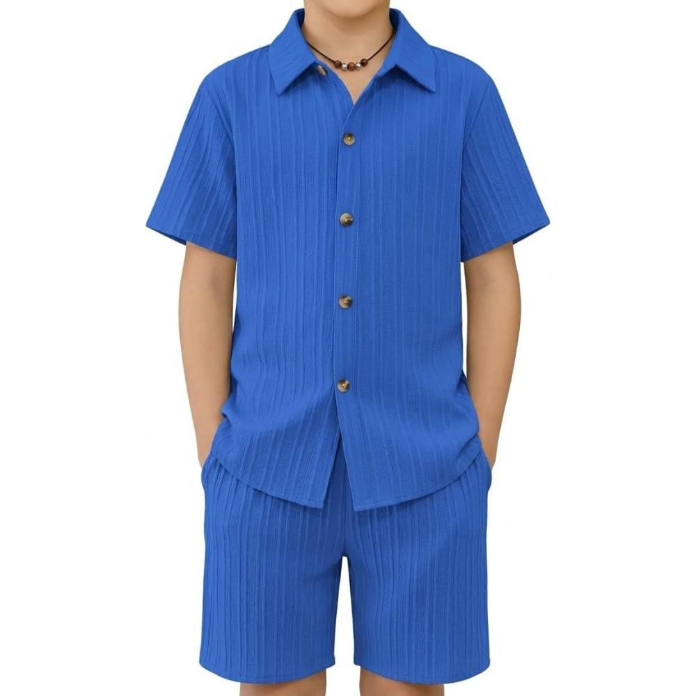 image:imageArshiner Boys Summer Beach Outfits Textured Button Down Shirt and Short Sets Casual Vacation Clothes for 512 YearsRoyal Blue