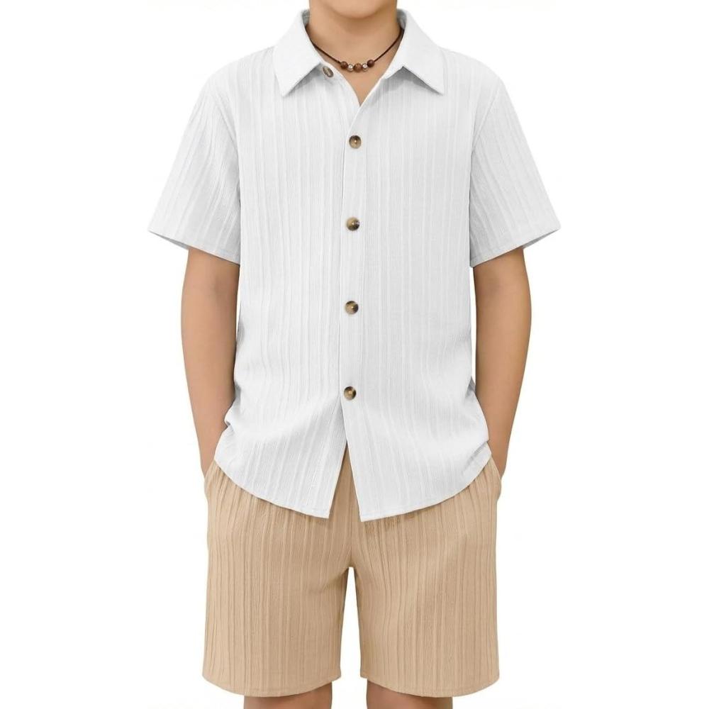 image:imageArshiner Boys Summer Beach Outfits Textured Button Down Shirt and Short Sets Casual Vacation Clothes for 512 YearsWhite Khaki