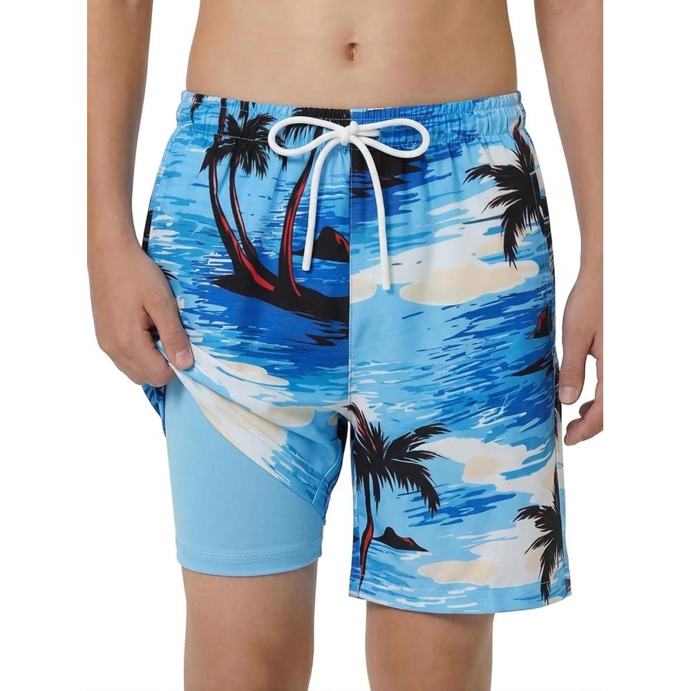image:imageArshiner Boys Swim Trunks with Compression Liner Kids Bathing Suit Beach Swimming Shorts 614 YearsCoconut Tree BlueBlackYellow