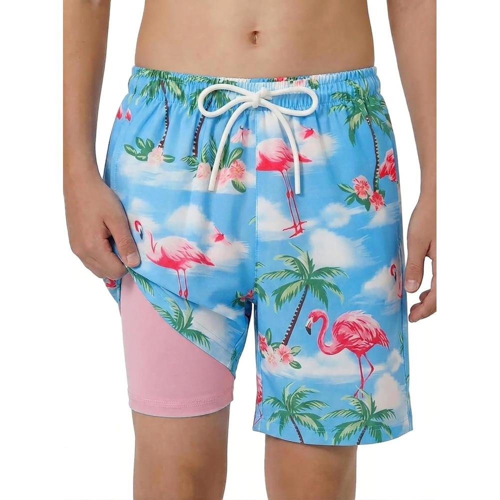 image:imageArshiner Boys Swim Trunks with Compression Liner Kids Bathing Suit Beach Swimming Shorts 614 YearsFlamingo BluePinkGreen