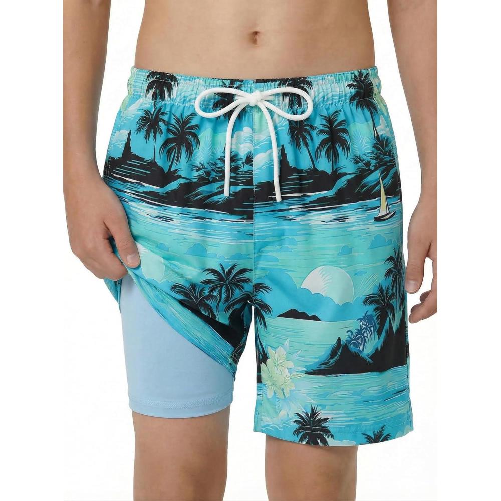 image:imageArshiner Boys Swim Trunks with Compression Liner Kids Bathing Suit Beach Swimming Shorts 614 YearsPalm Tree GreenBlack