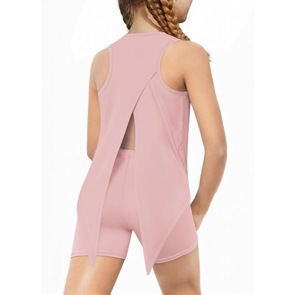 image:imageArshiner Girls 2 Piece Outfits Summer Clothes Sleeveless Pullover Open Back Tank Tops and Biker Shorts Kids Athletic SetsPink