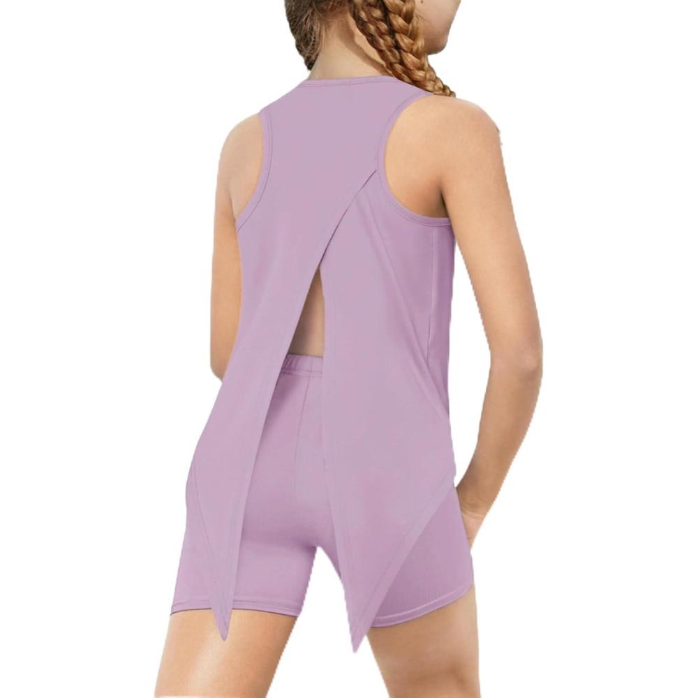 image:imageArshiner Girls 2 Piece Outfits Summer Clothes Sleeveless Pullover Open Back Tank Tops and Biker Shorts Kids Athletic SetsPurple