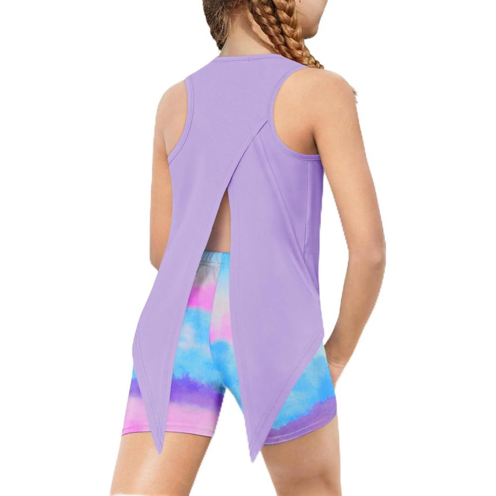 image:imageArshiner Girls 2 Piece Outfits Summer Clothes Sleeveless Pullover Open Back Tank Tops and Biker Shorts Kids Athletic SetsTie Dye2