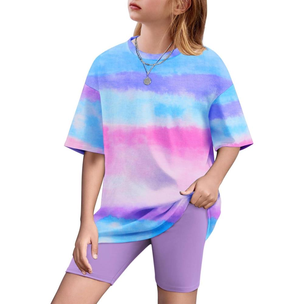 image:imageArshiner Girls Clothes Summer 2 Piece Outfits Drop Shoulder TShirts and Biker Shorts Kids Fashion Clothing SetsTie Dyepurple