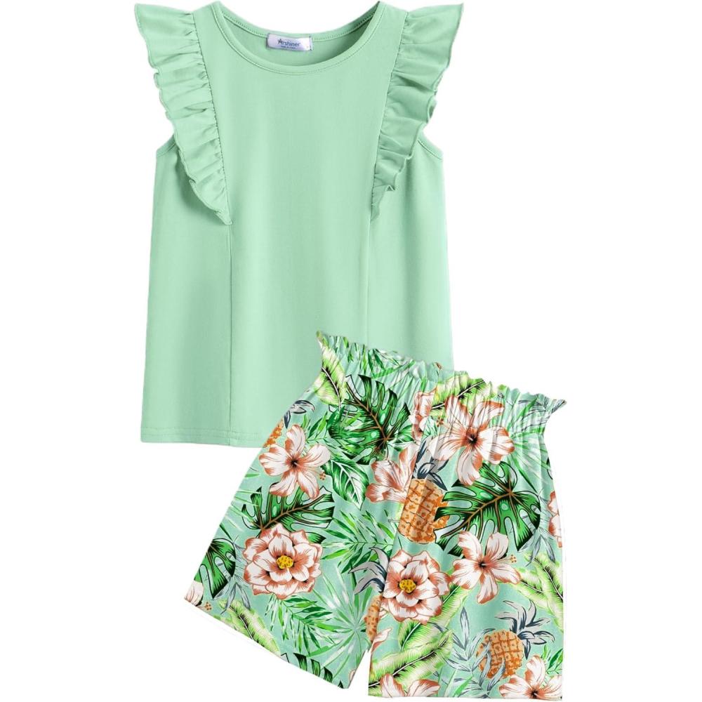 image:imageArshiner Girls Clothes Summer Outfits Ruffle Sleeve Tops and Paperbag Waist Shorts with Pockets Kids Clothing SetGreen Leaf