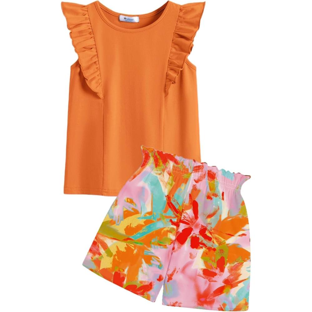 image:imageArshiner Girls Clothes Summer Outfits Ruffle Sleeve Tops and Paperbag Waist Shorts with Pockets Kids Clothing SetOrange Leaf
