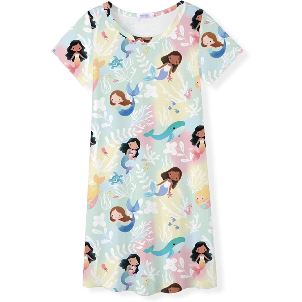 image:imageArshiner Girls Nightgowns Summer Soft Cute Cartoon Print Pajama Sleep Dress for Kids 412 YearsColorful Ocean