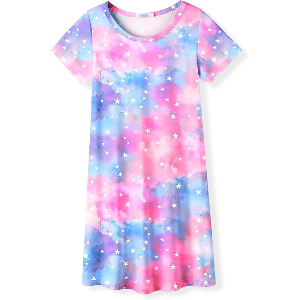image:imageArshiner Girls Nightgowns Summer Soft Cute Cartoon Print Pajama Sleep Dress for Kids 412 YearsColorful Tie Dye