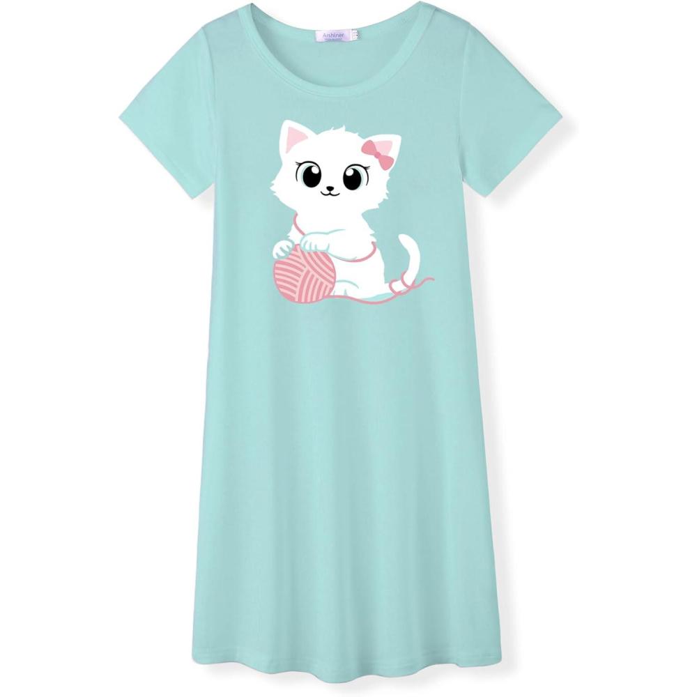 image:imageArshiner Girls Nightgowns Summer Soft Cute Cartoon Print Pajama Sleep Dress for Kids 412 YearsGreen Yarn Cat