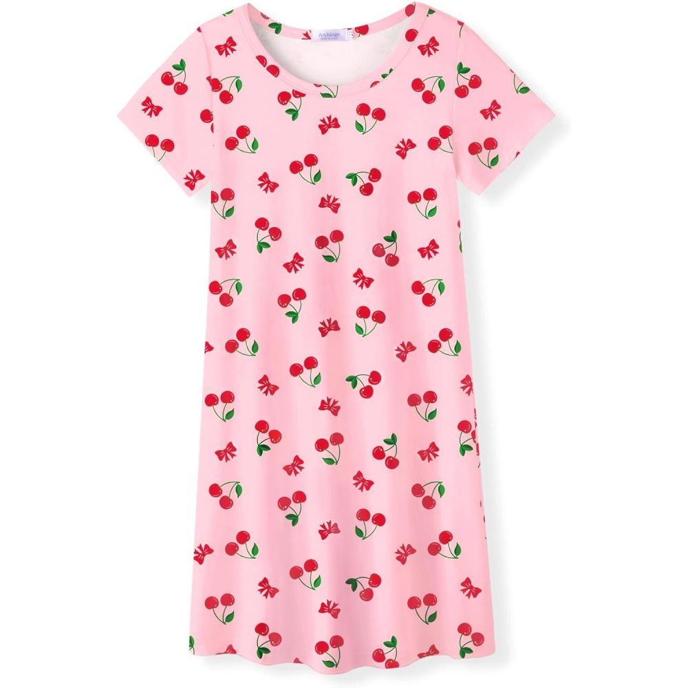image:imageArshiner Girls Nightgowns Summer Soft Cute Cartoon Print Pajama Sleep Dress for Kids 412 YearsPink Cherry Bow