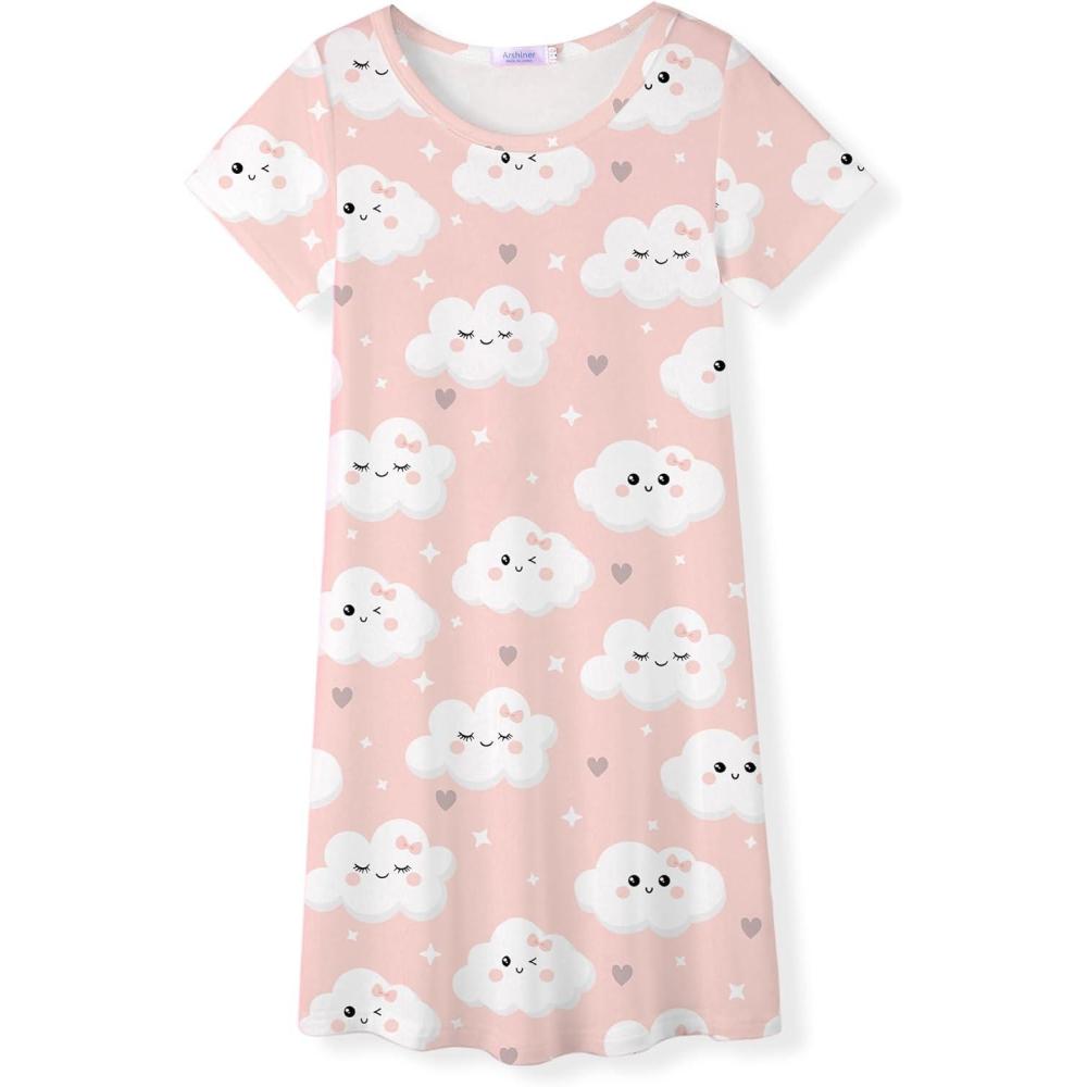 image:imageArshiner Girls Nightgowns Summer Soft Cute Cartoon Print Pajama Sleep Dress for Kids 412 YearsPink Clouds
