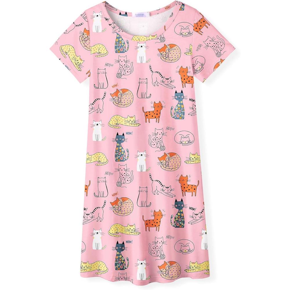image:imageArshiner Girls Nightgowns Summer Soft Cute Cartoon Print Pajama Sleep Dress for Kids 412 YearsPink Cute Cats