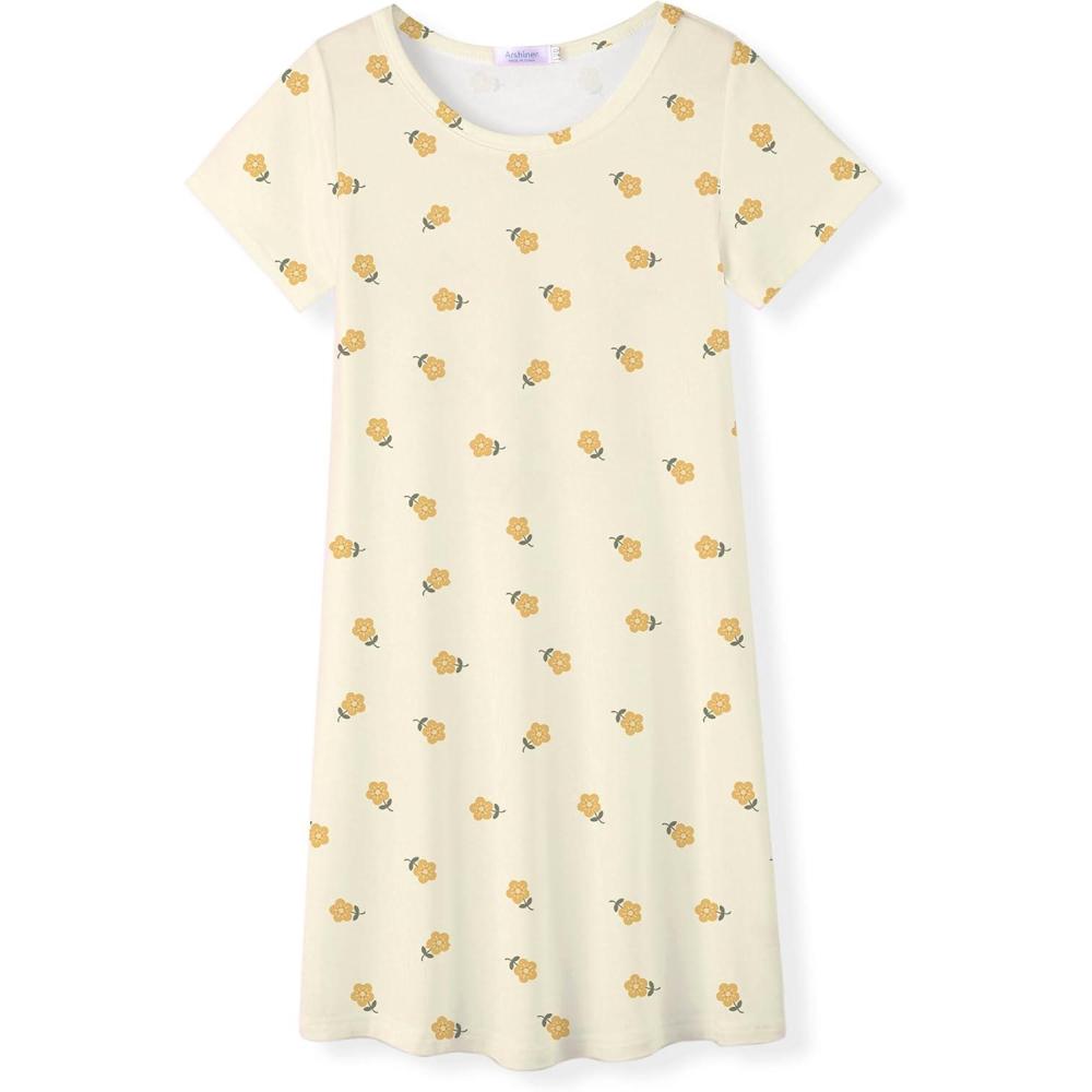 image:imageArshiner Girls Nightgowns Summer Soft Cute Cartoon Print Pajama Sleep Dress for Kids 412 YearsYellow Flowers