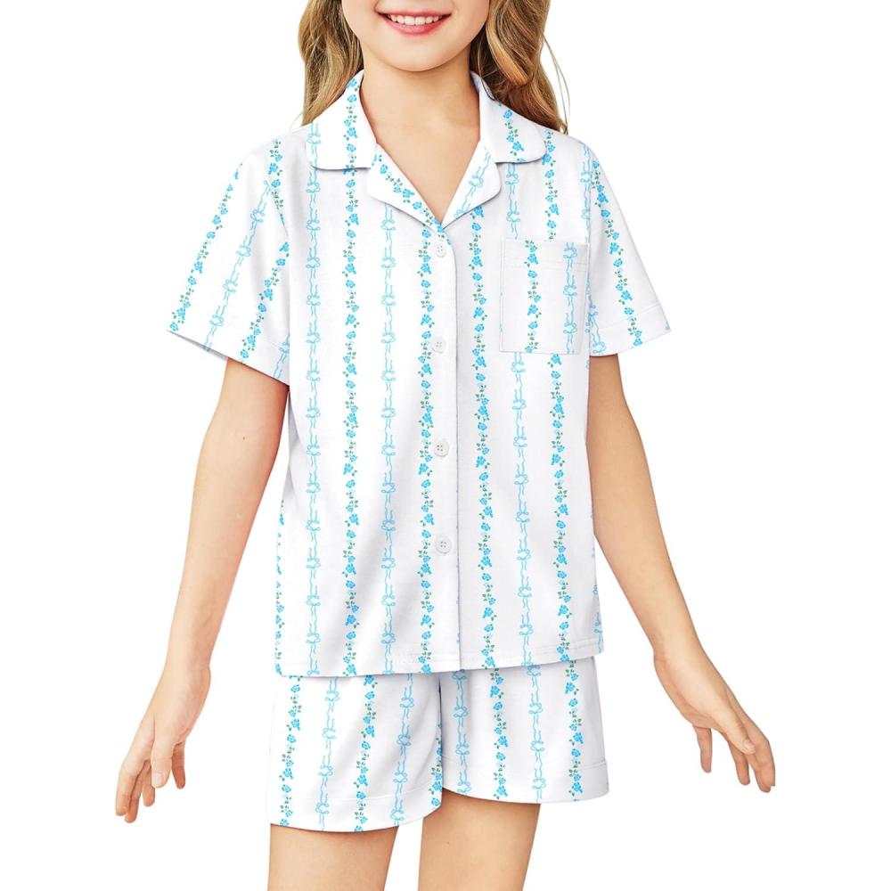 image:imageArshiner Girls Pajamas Sets Short Sleeve Kids Pjs Button Down Sleepwear for 413YBlue Striped Bow
