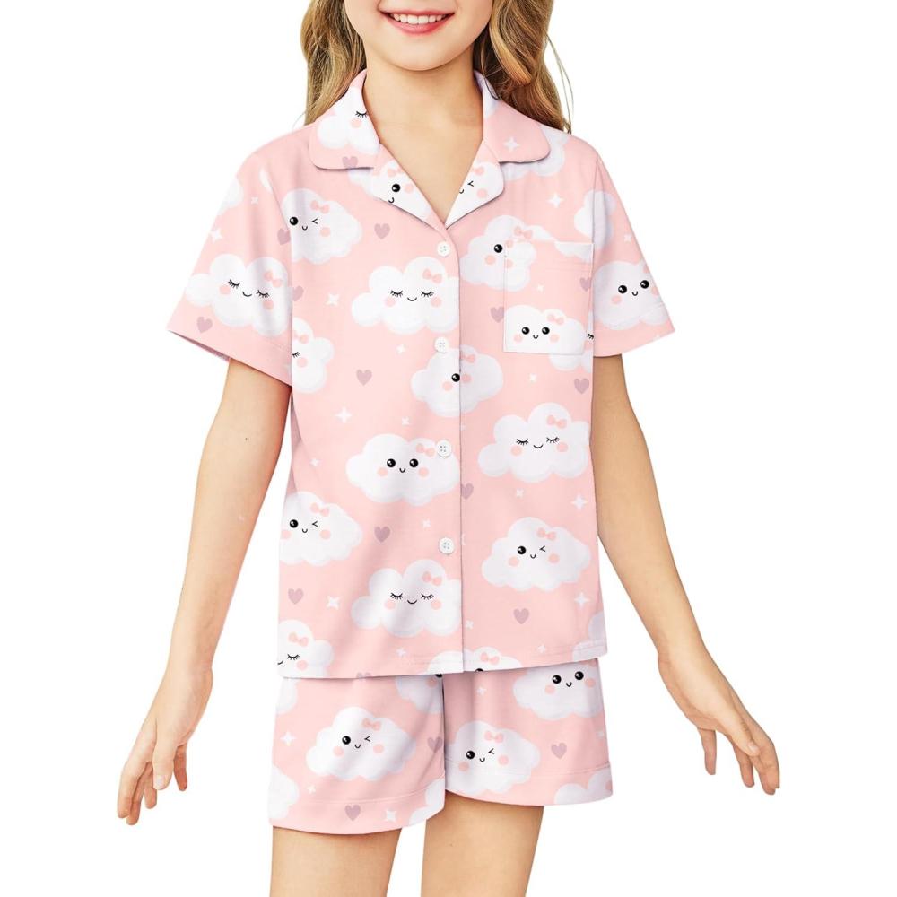 image:imageArshiner Girls Pajamas Sets Short Sleeve Kids Pjs Button Down Sleepwear for 413YPink Clouds