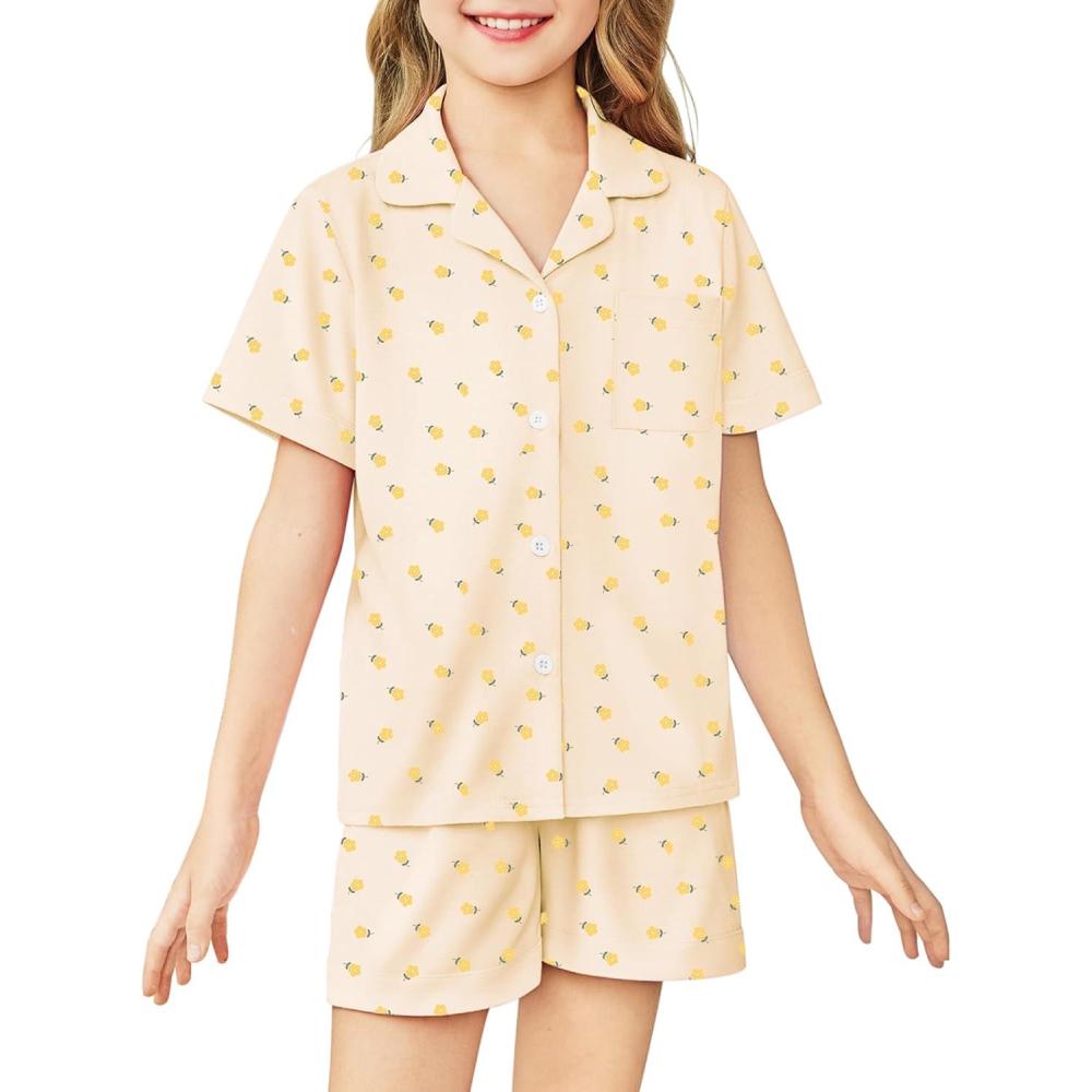 image:imageArshiner Girls Pajamas Sets Short Sleeve Kids Pjs Button Down Sleepwear for 413YYellow Flowers