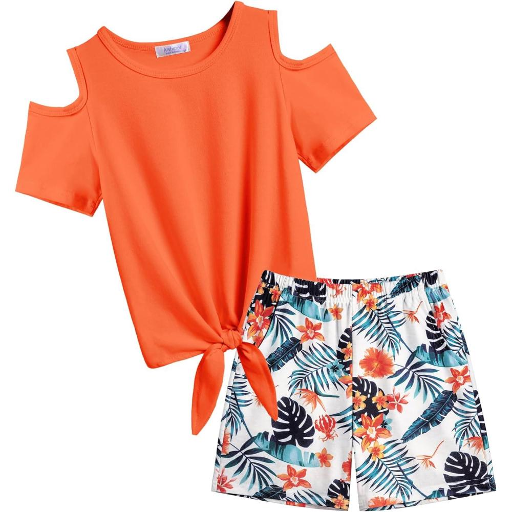 image:imageArshiner Girls Short Sets 2 Pieces Outfits Short Sleeve Tie Knot TShirts and Casual Shorts With Pockets Cute Clothes SetsOrange Floral Print