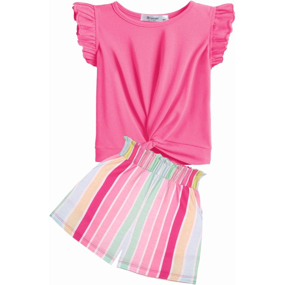image:imageArshiner Girls Shorts Sets 2 Pieces Outfits Twist Front Ruffle Sleeve TShirts and Shorts With Pockets Cute Clothes SetsHot Pink