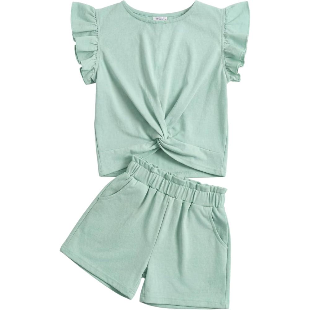 image:imageArshiner Girls Shorts Sets 2 Pieces Outfits Twist Front Ruffle Sleeve TShirts and Shorts With Pockets Cute Clothes SetsIce Green