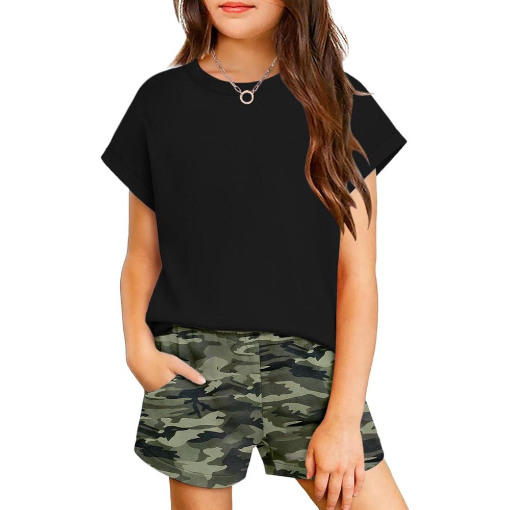image:imageArshiner Girls Summer 2 Piece Outfits Short Sleeve T Shirts Top and Shorts Clothing Sets with PocketsBlack Camouflage