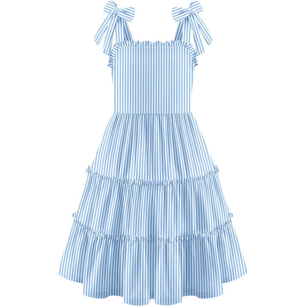 image:imageArshiner Girls Summer Dress Tween Boho Casual Bowknot Strap Sleeveless Swing Flowy Ruffle Tiered Sundresses with PocketsBluewhite Stripe