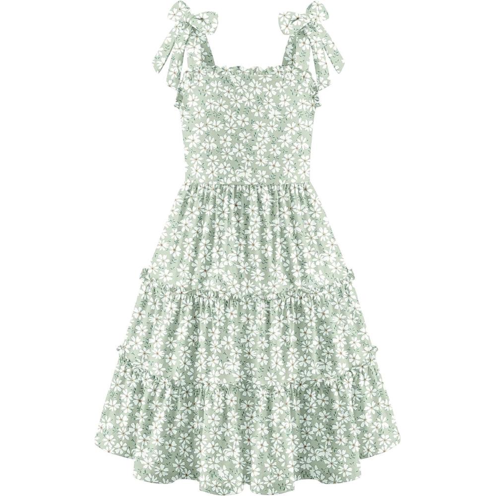 image:imageArshiner Girls Summer Dress Tween Boho Casual Bowknot Strap Sleeveless Swing Flowy Ruffle Tiered Sundresses with PocketsGreen Floral