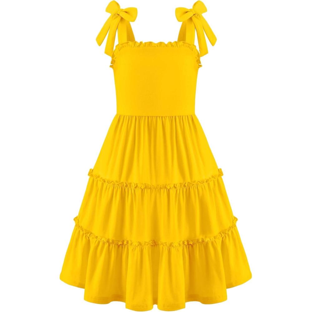 image:imageArshiner Girls Summer Dress Tween Boho Casual Bowknot Strap Sleeveless Swing Flowy Ruffle Tiered Sundresses with PocketsYellow