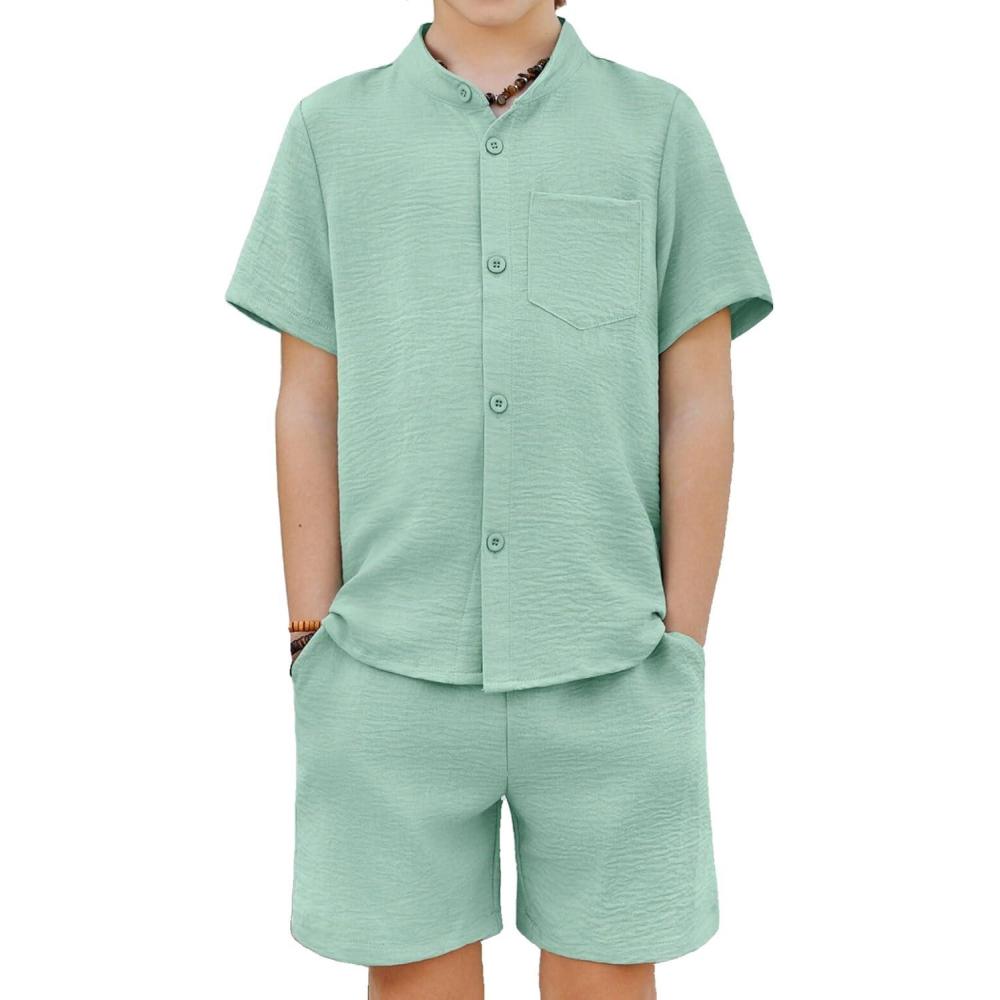 image:imageArshiner Toddler Boys 2 Piece Set Short Sleeve Button Down Shirt and Shorts Vacation Texture Outfits with Pocket 213 YearsGreen