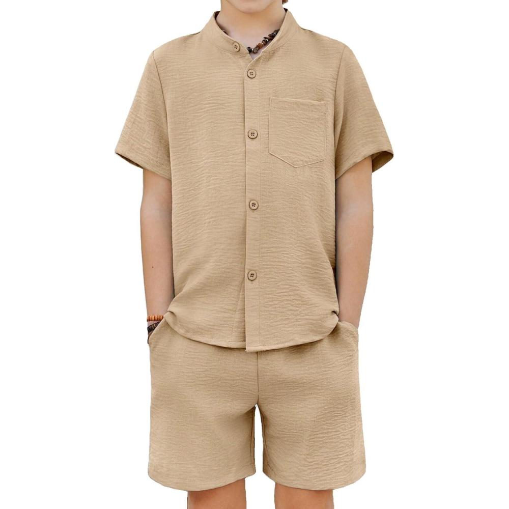 image:imageArshiner Toddler Boys 2 Piece Set Short Sleeve Button Down Shirt and Shorts Vacation Texture Outfits with Pocket 213 YearsKhaki