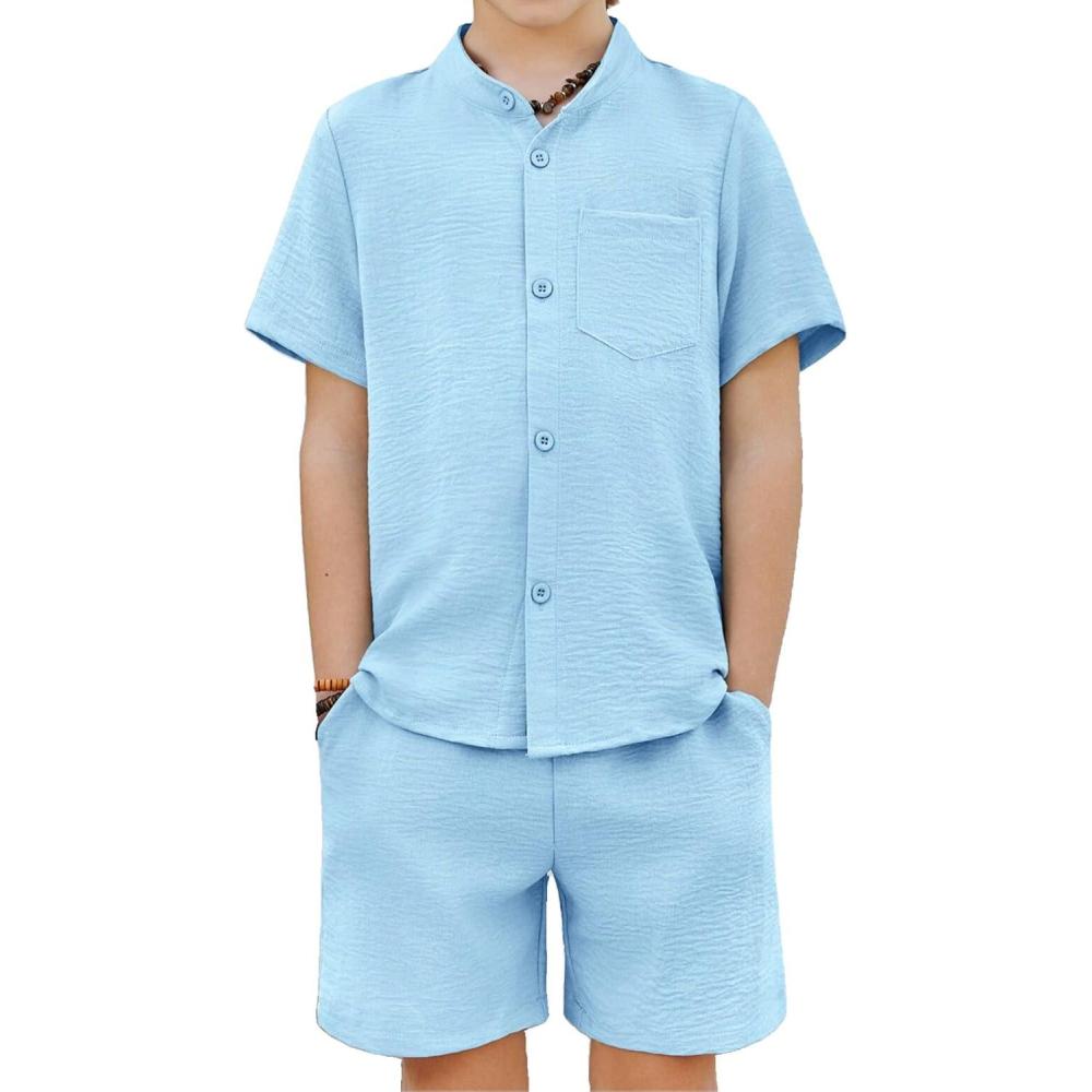 image:imageArshiner Toddler Boys 2 Piece Set Short Sleeve Button Down Shirt and Shorts Vacation Texture Outfits with Pocket 213 YearsLight Blue