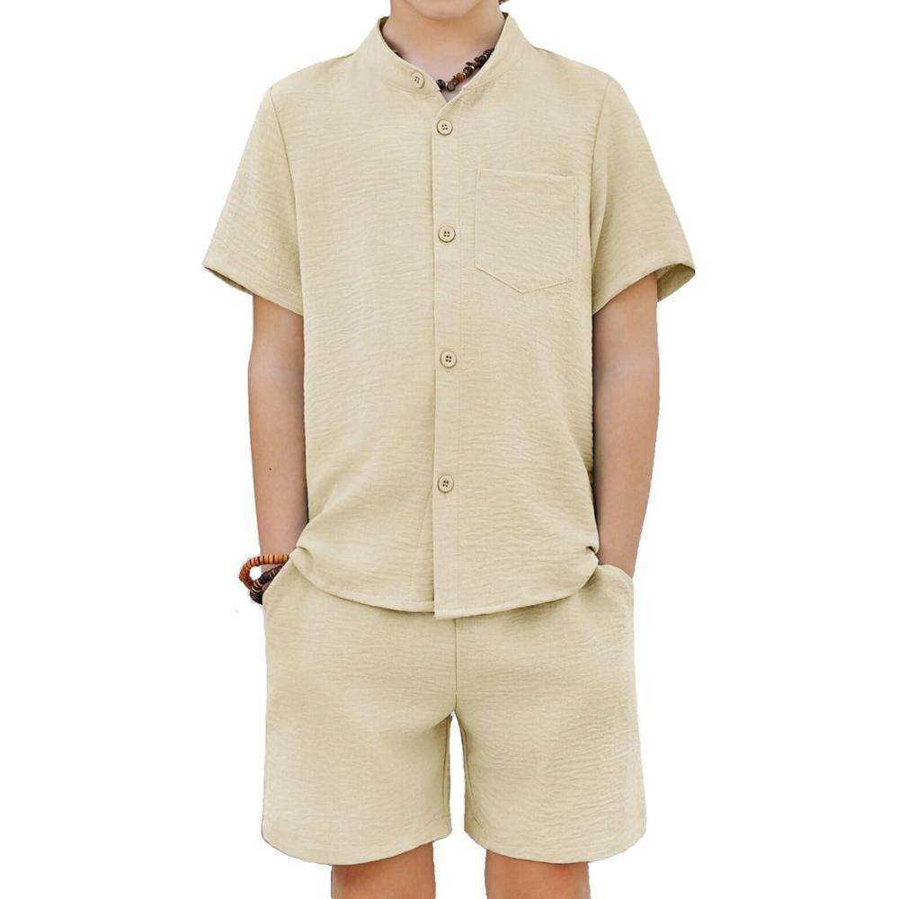 image:imageArshiner Toddler Boys 2 Piece Set Short Sleeve Button Down Shirt and Shorts Vacation Texture Outfits with Pocket 213 YearsLight Khaki