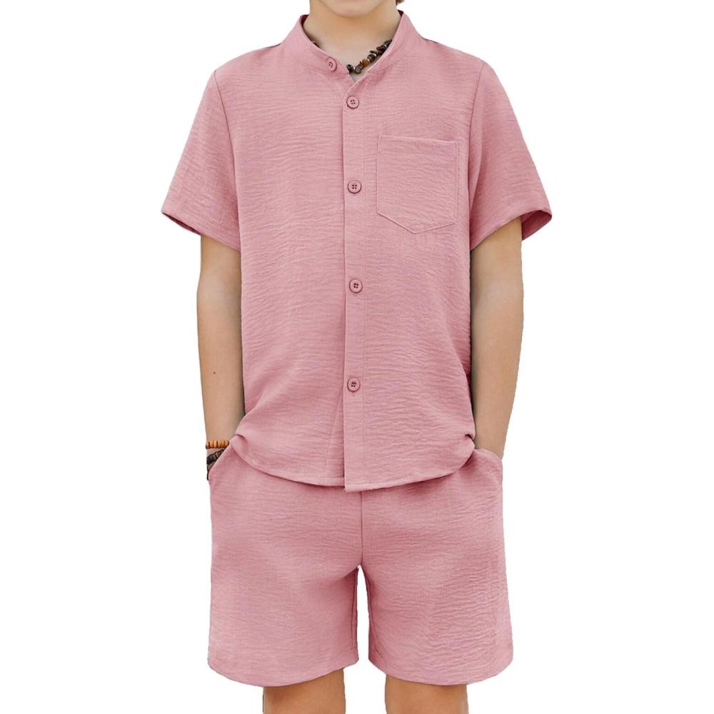 image:imageArshiner Toddler Boys 2 Piece Set Short Sleeve Button Down Shirt and Shorts Vacation Texture Outfits with Pocket 213 YearsLight Pink