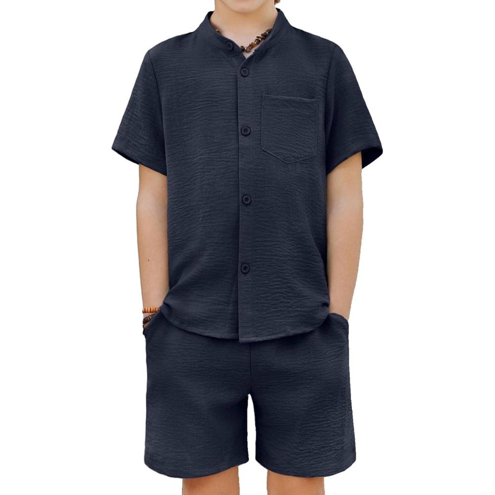 image:imageArshiner Toddler Boys 2 Piece Set Short Sleeve Button Down Shirt and Shorts Vacation Texture Outfits with Pocket 213 YearsNavy Blue