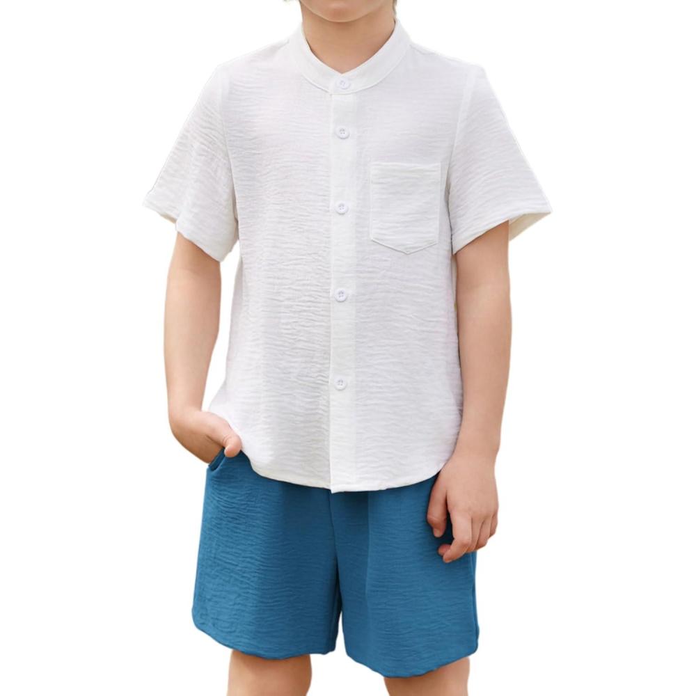 image:imageArshiner Toddler Boys 2 Piece Set Short Sleeve Button Down Shirt and Shorts Vacation Texture Outfits with Pocket 213 YearsWhite Blue