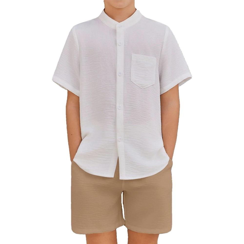 image:imageArshiner Toddler Boys 2 Piece Set Short Sleeve Button Down Shirt and Shorts Vacation Texture Outfits with Pocket 213 YearsWhite Khaki