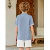 Arshiner Boy’s 2 Piece Beach Outfit Short Sleeve Textured Button Down Shirt and Short Sets Summer Vacation Wear 4-12 Years(Blue Stripe & White)