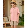 Arshiner Boy’s 2 Piece Beach Outfit Short Sleeve Textured Button Down Shirt and Short Sets Summer Vacation Wear 4-12 Years(Light Pink & Khaki)