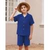 Arshiner Boys 2 Pieces Summer Beach Outfits Short Sleeve Button Down Shirts and Shorts Vacation Texture Sets for Kids(Royal Blue)